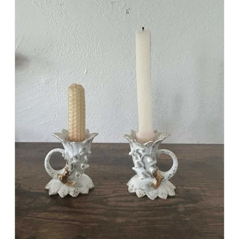 PAIR 2-PC Vintage Lefton China #285 Hand Painted 3D‎ Floral Candle Stick Holders